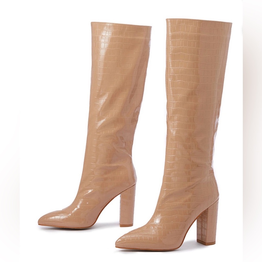 Tan Croc-Embossed Knee-High Boots